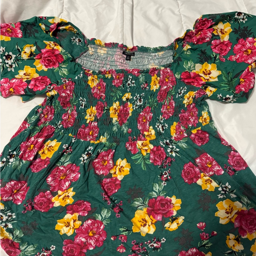 Torrid Pink and Yellow Smocked Puff Sleeve Blouse